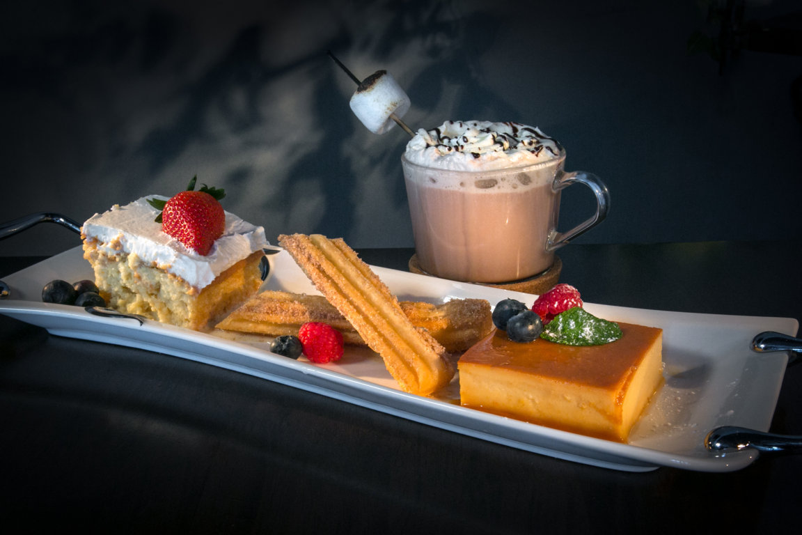 Tres Leches Cake, Churros, Flan and Hot Cocoa.